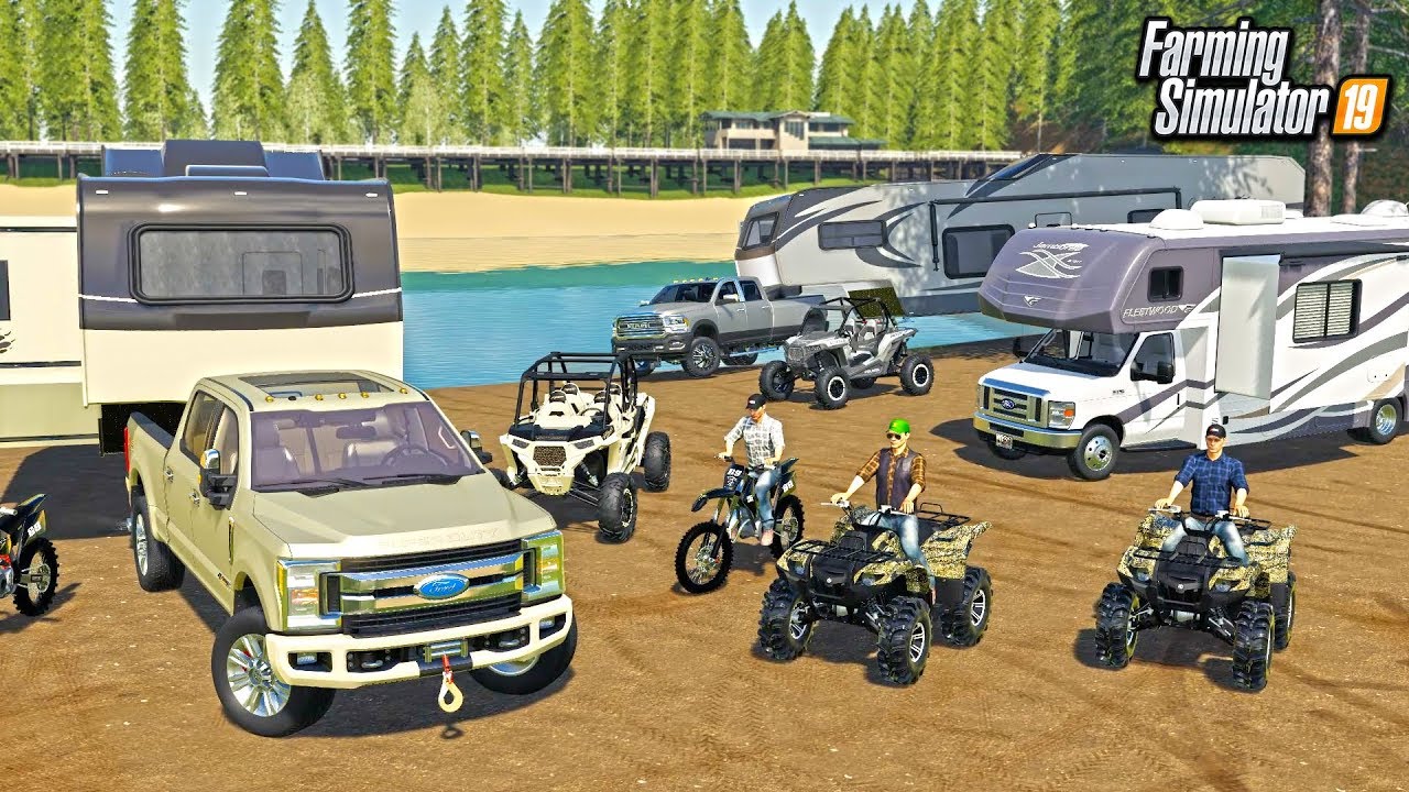 CAMPING-AT-THE-LAKE-WITH-THE-CREW-ATVS-RZR-amp-DIRTBIKES-ROLEPLAY-FARMING-SIMULATOR-2019